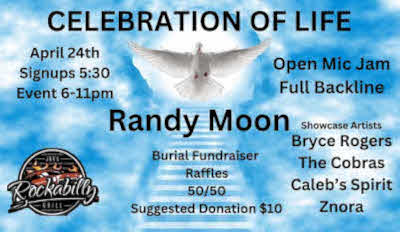 Jeff Rocx Open Mic - Randy Moon Celebration of Life with Showcase - Znora - Caleb's Spirit - The Cobras - Bryce Rogers